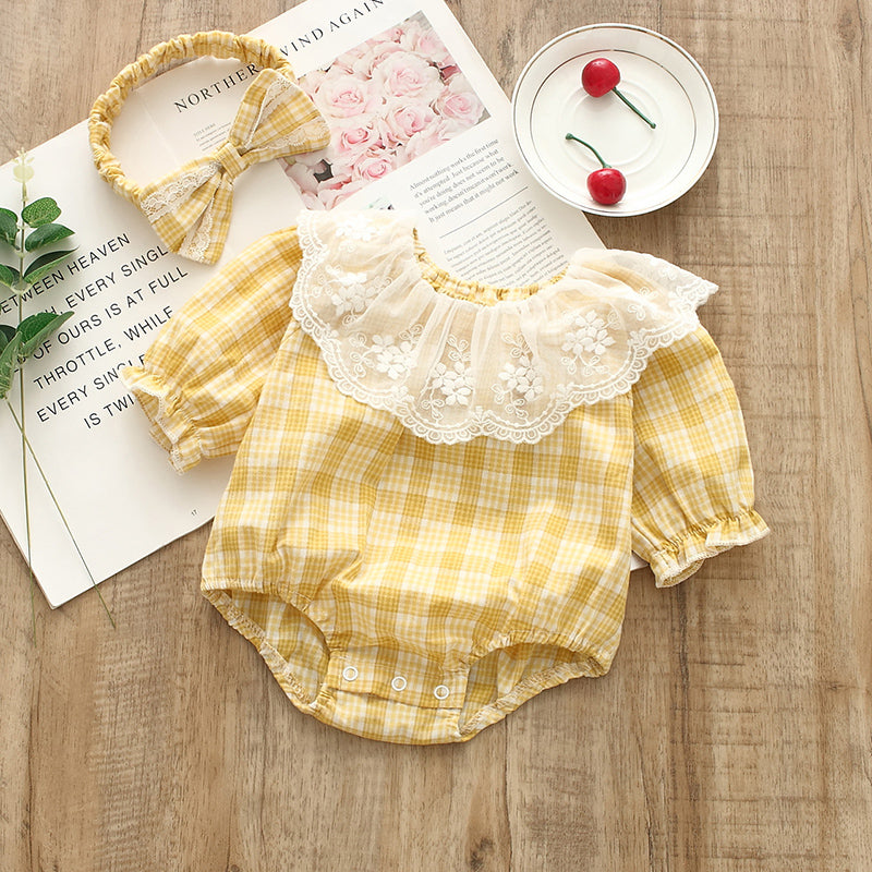 Sweet Long Sleeve Grid Doll Bodysuit With Headband for 20-22 Inches Reborn Dolls